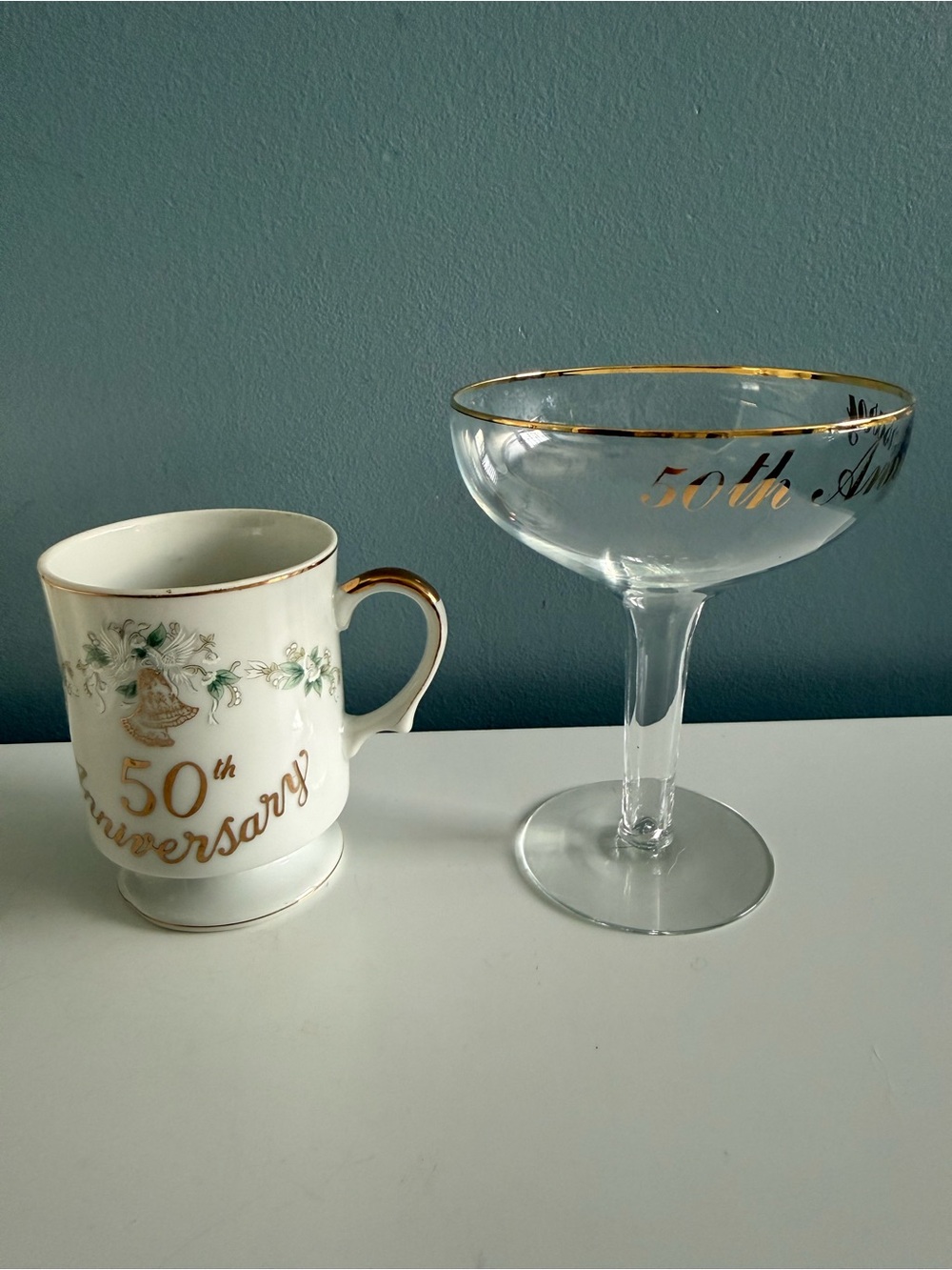 Vintage Lefton China 50th Anniversary Pedestal Coffee Mug with Champagne Glass